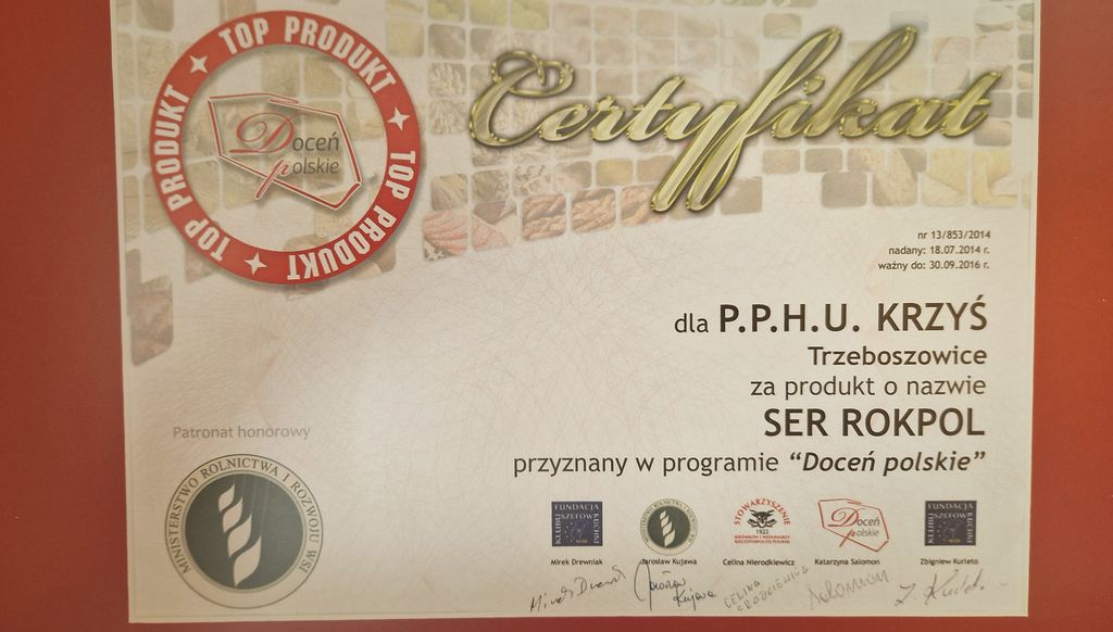 Certyfikat TOP PRODUKT w programie Doceń polskie dla sera Rokpol, 2014